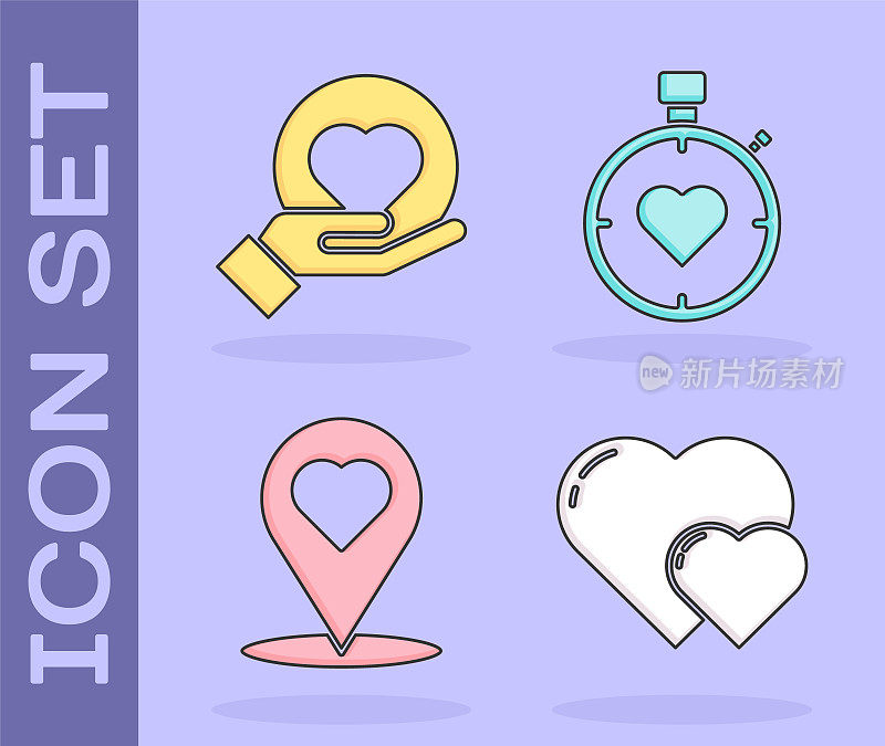 Set Heart, Heart on hand, Map pointer with Heart and Heart in the center秒表图标。向量